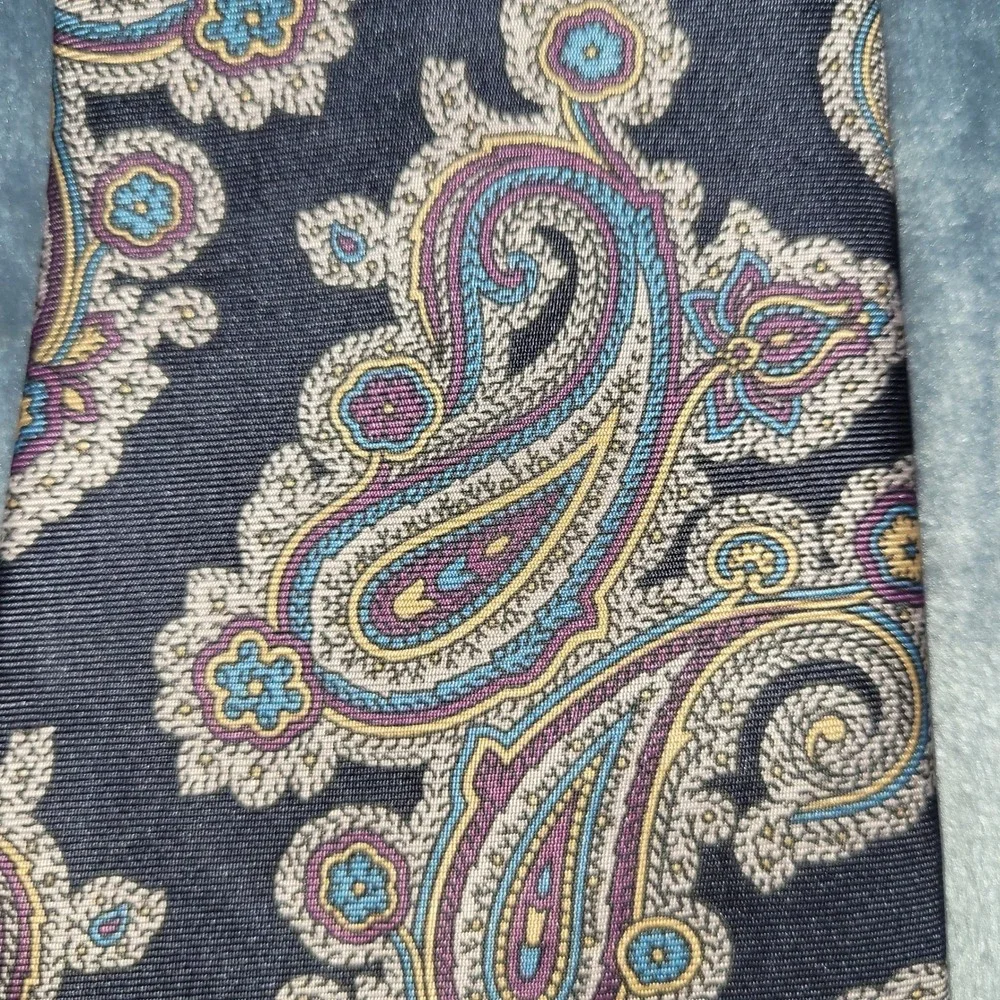 Morgan Hart Mens Silk‎ Paisley Tie Navy Blue Purple Gold Made in USA Formal